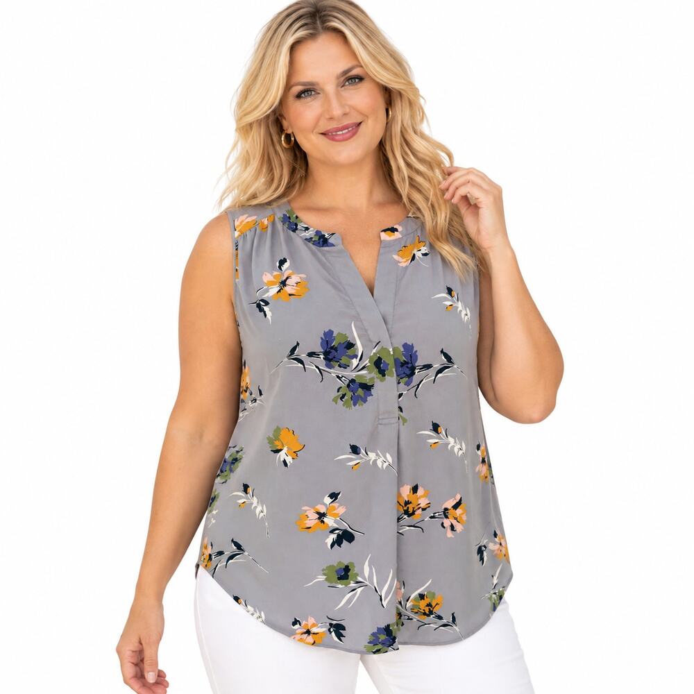 Daniel Rainn Floral Blouse Womens Size 1X Light Blue Yellow Sleeveless Top Tank